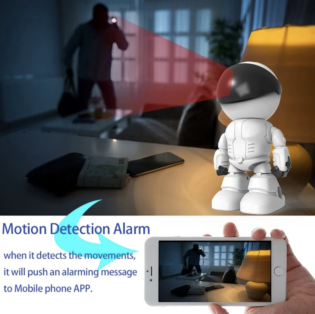 Câmera de segurança IP robótica 1080P, câmera de segurança 360 ° WiFi, sem