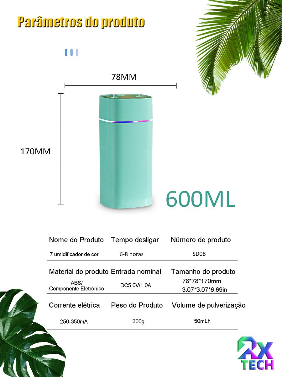 Umidificador De Ar Difusor Aromatizador Com Capacidade 600ml E Luzes Coloridas L