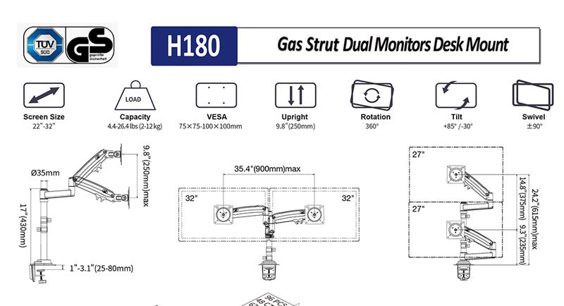 Suporte de mesa para monitor de TV LCD NB H180 FP-2, Mola a Gás, Full Motion, B