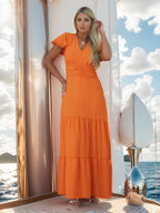 Vestido Longo Duna com Decote em V Cintura Elástica e Mangas Estilo Babado a Per