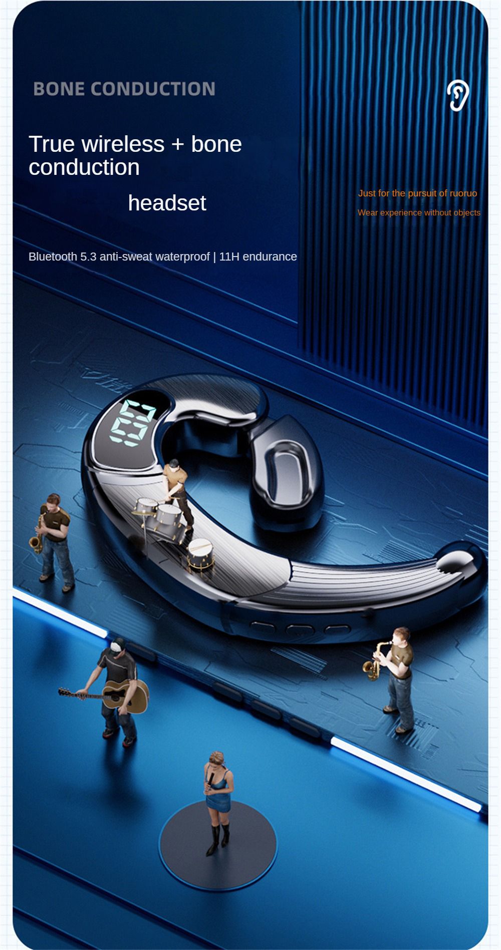 Fone de ouvido sem fio V20 Bone Conduction, fones de ouvido compatíveis com Blu