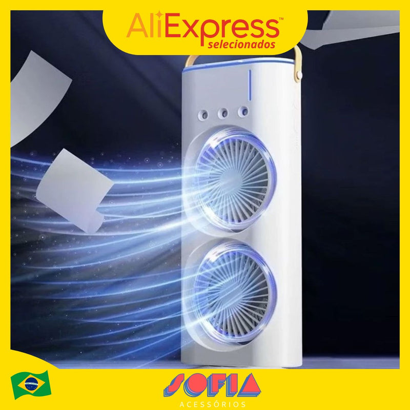 Mini Climatizador Portátil com Ventilador Duplo Umidificador Hélice Giratória