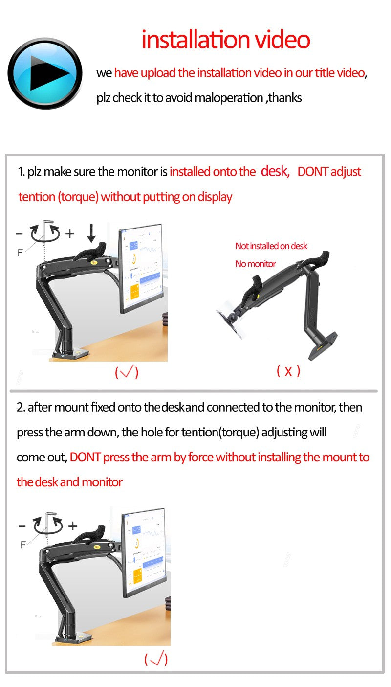 Novo braço de mola a gás f100a, suporte para monitor de tela de 22-35 polegada