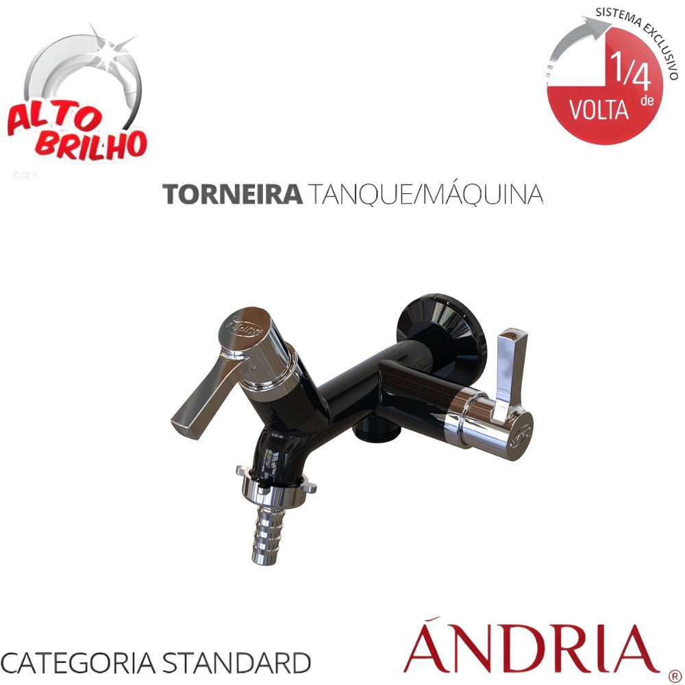 Torneira Tanque/Máquina Ándria Com Bitola 1/2" - 3/4" Preto/Cromado