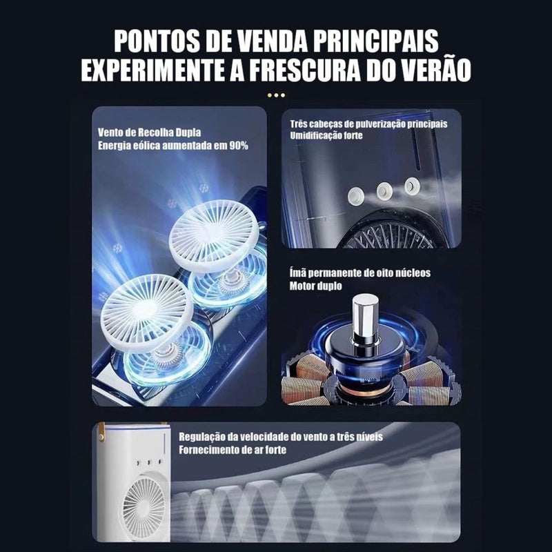 Mini Climatizador Portátil com Ventilador Duplo Umidificador Hélice Giratória