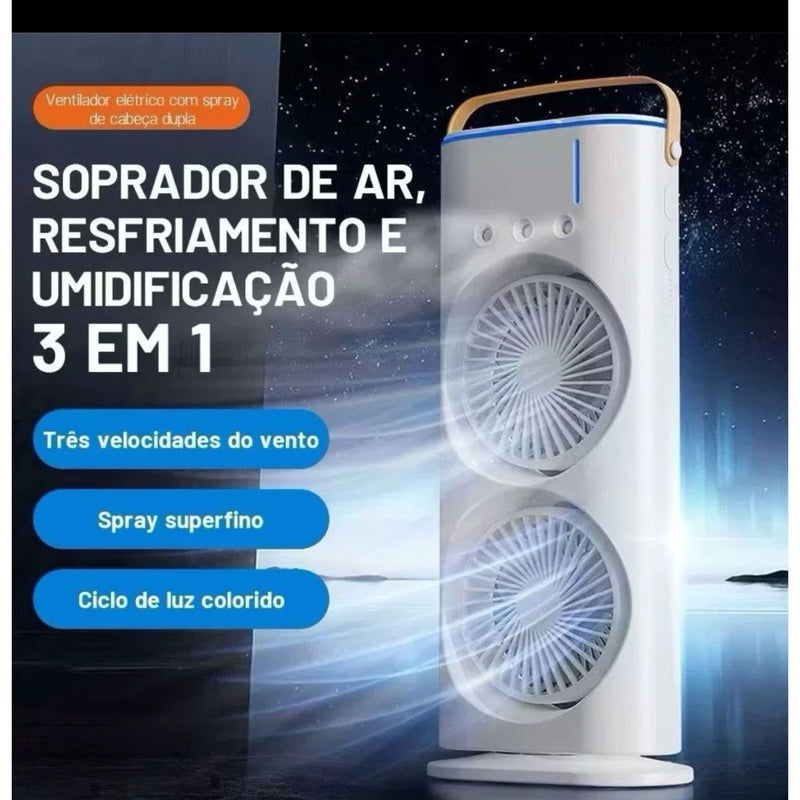 Mini Climatizador Portátil com Ventilador Duplo Umidificador Hélice Giratória