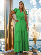 Vestido Longo Duna com Decote em V Cintura Elástica e Mangas Estilo Babado a Per