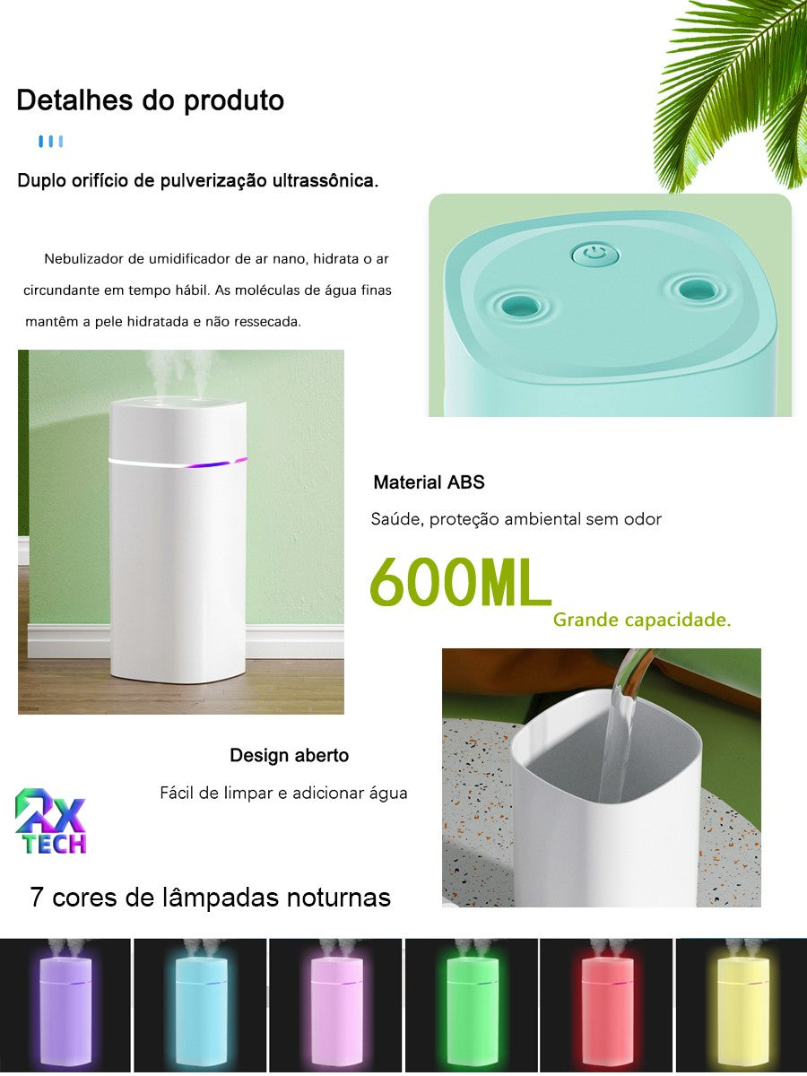 Umidificador De Ar Difusor Aromatizador Com Capacidade 600ml E Luzes Coloridas L