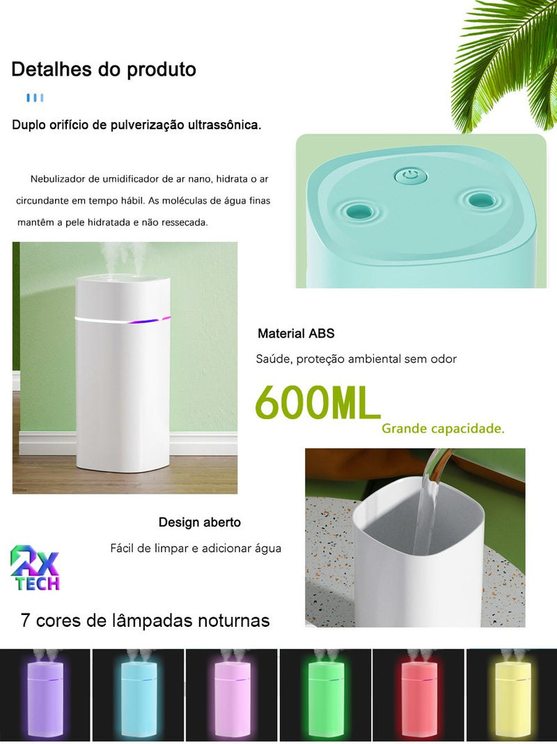 Umidificador De Ar Difusor Aromatizador Com Capacidade 600ml E Luzes Coloridas L