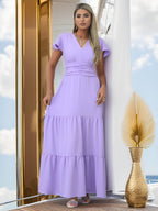 Vestido Longo Duna com Decote em V Cintura Elástica e Mangas Estilo Babado a Per